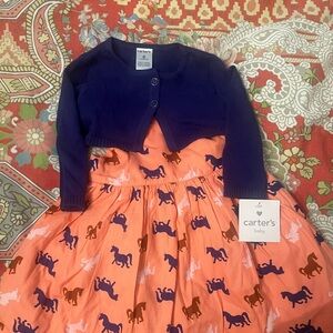 Carter's Peach Dress blue & brown horses with Navy Cardigan